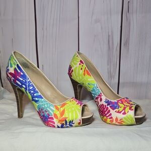 9&CO. Tropical Print Peep-Toe Heels Womens 7.5